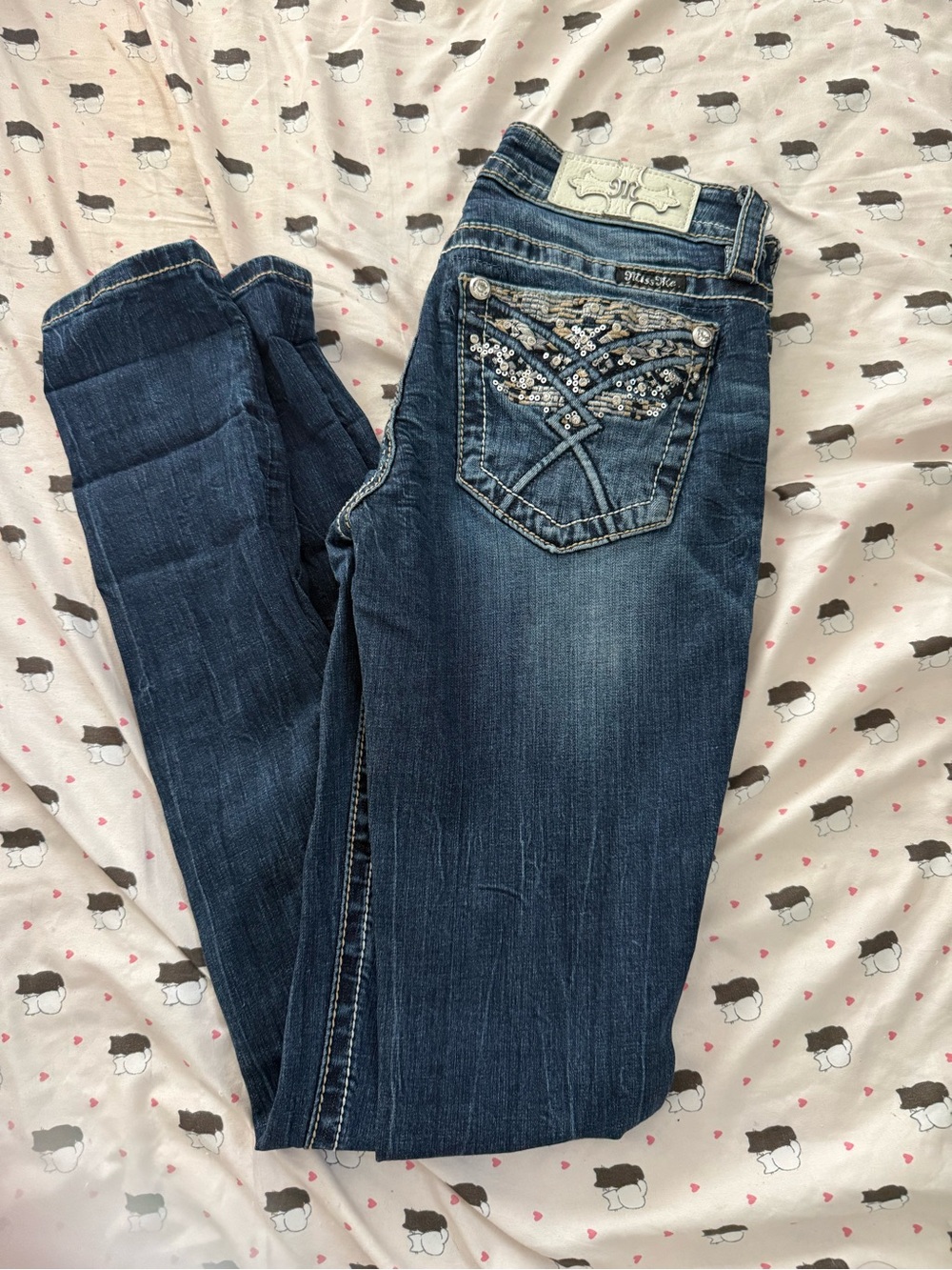 Miss Me Dark Blue Skinny Jeans with Sequin-Embellished Back Pockets